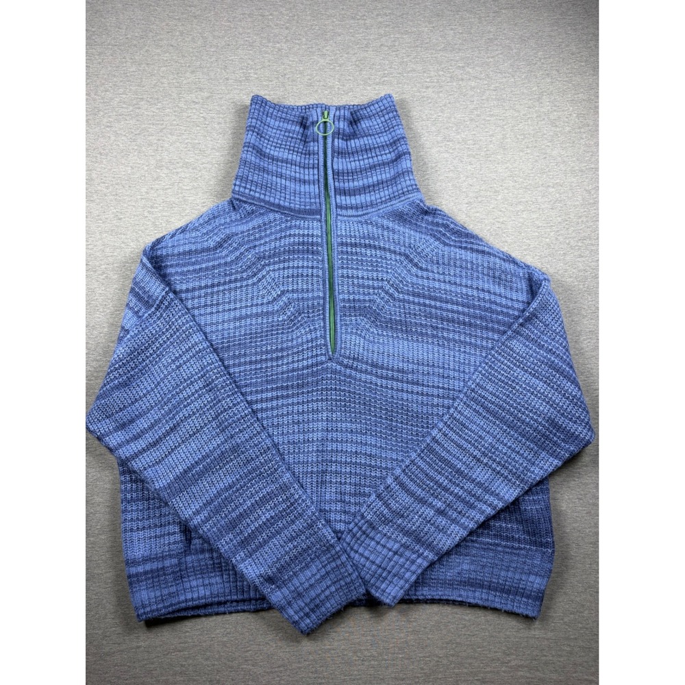 Aerie Quarter Zip Sweater Large Blue Striped Knit Pullover Gorpcore Cozy